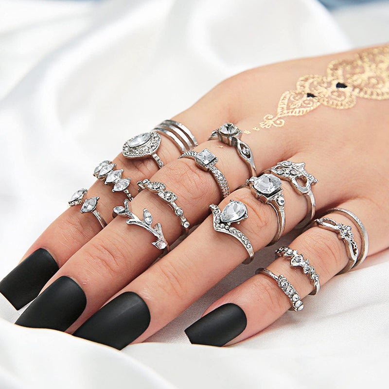 BELICEY 9-15PCS Knuckle Stacking Rings Set for Women Crystal Rhinestone Finger Statement Ring Sets Vintage Joint Knot Mid Rings Stackable Rings Jewelry Accessories (Silver-Cryst Rhinestone) - Image 4